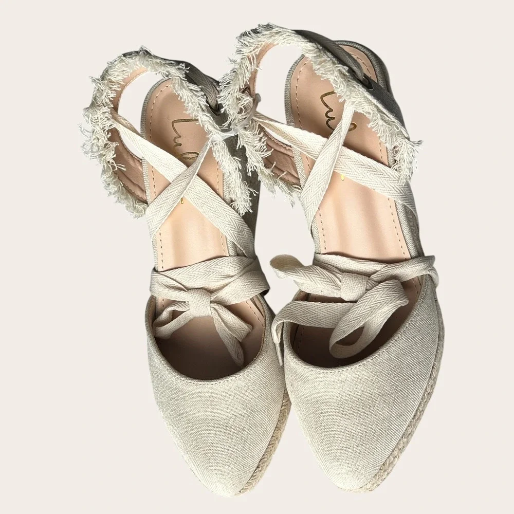 Lulus Elsinore Linen Lace-Up Espadrille Wedges Beige Closed‎ Toe 7.5 NWOT